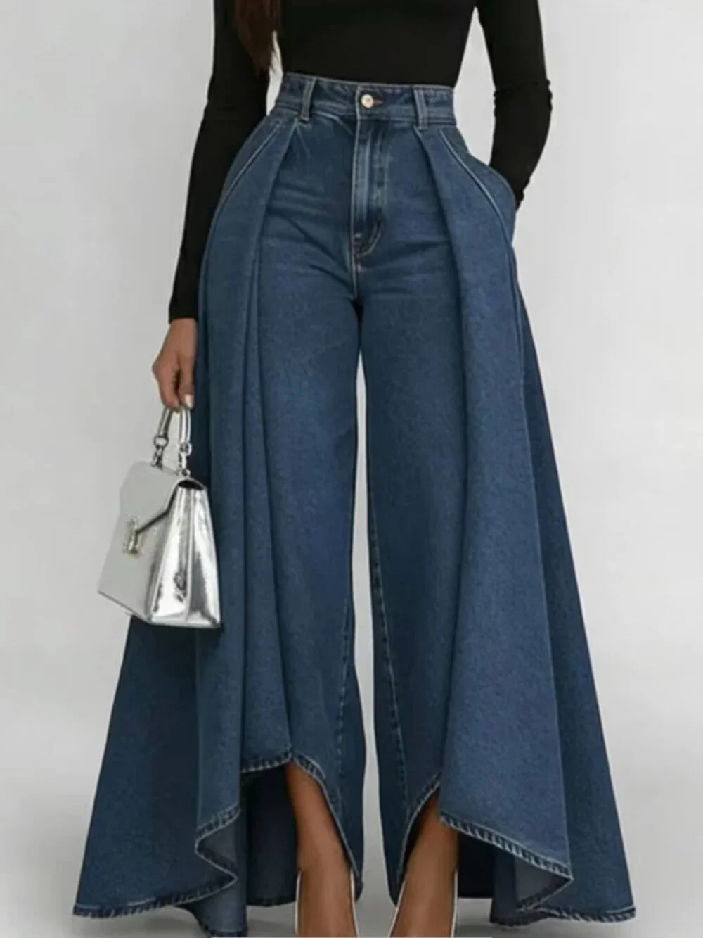 New Large Long Swing Solid Color Casual Imitation Denim Printed Straight Leg Pan